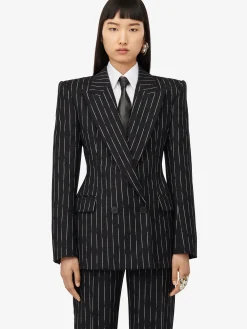 Women's Double-breasted Broken Pinstripe Jacket in ><noscript><img width=