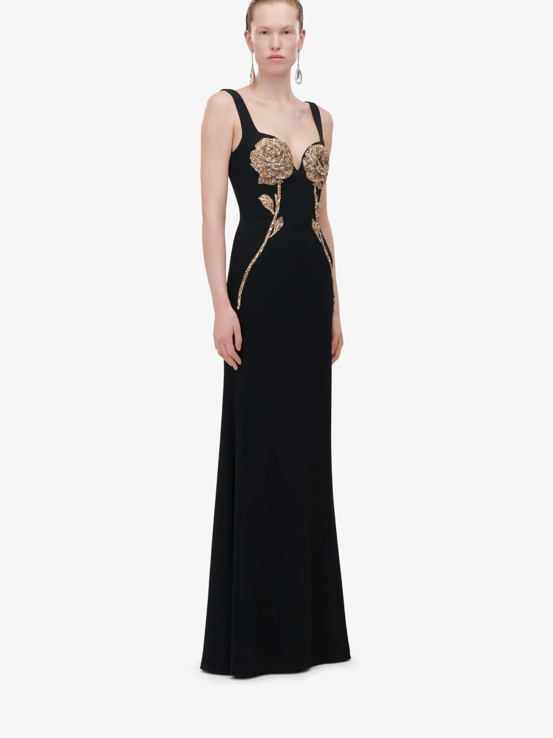 Women's Gold Rose Embroidery Evening Dress in >Alexander McQueen Store