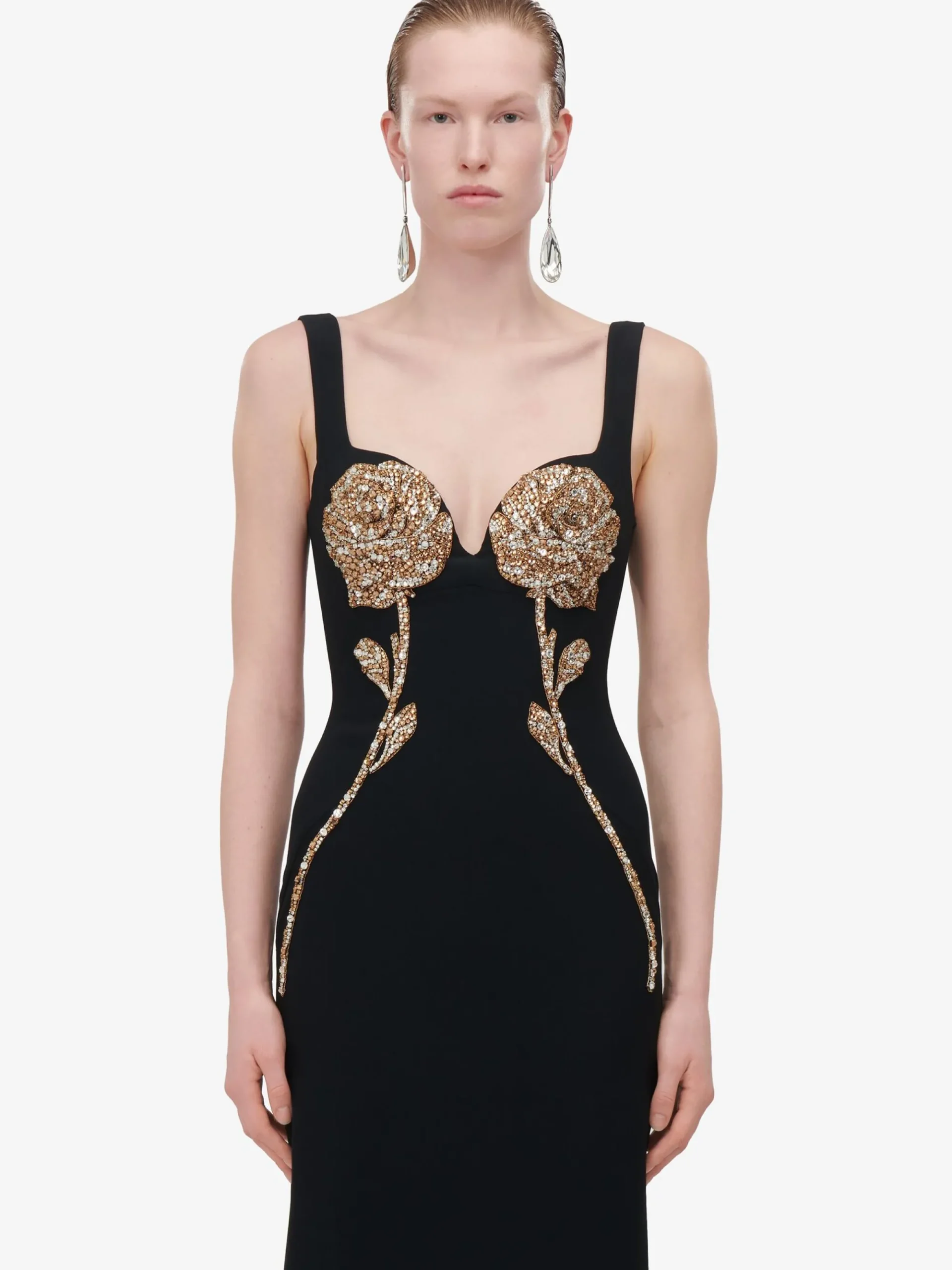 Women's Gold Rose Embroidery Evening Dress in >Alexander McQueen Store