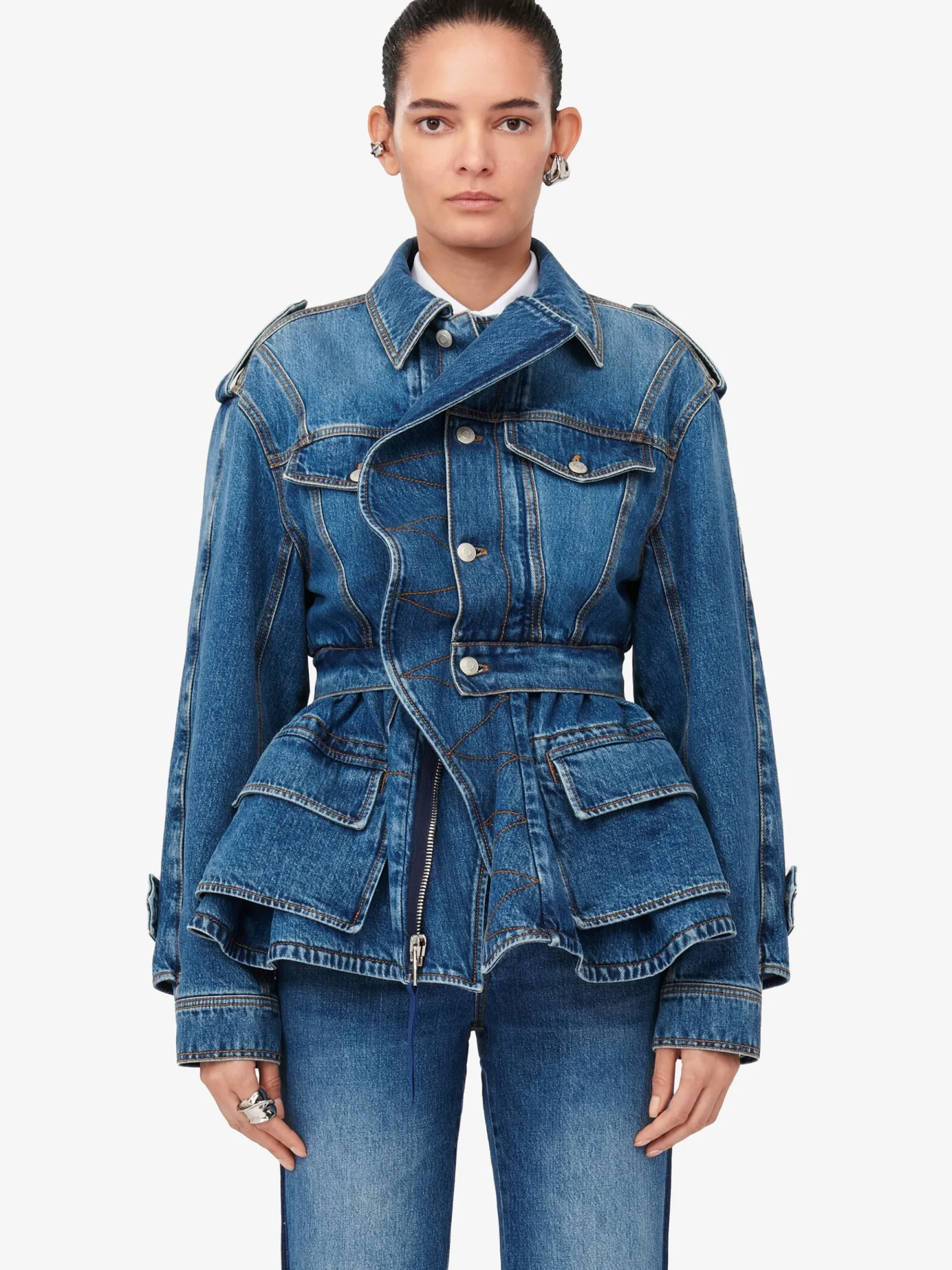 Women's Patch Pocket Peplum Denim Jacket in >Alexander McQueen Flash Sale