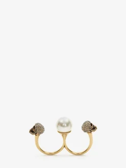 Women's Pearl Skull Double Ring in >Alexander McQueen Outlet